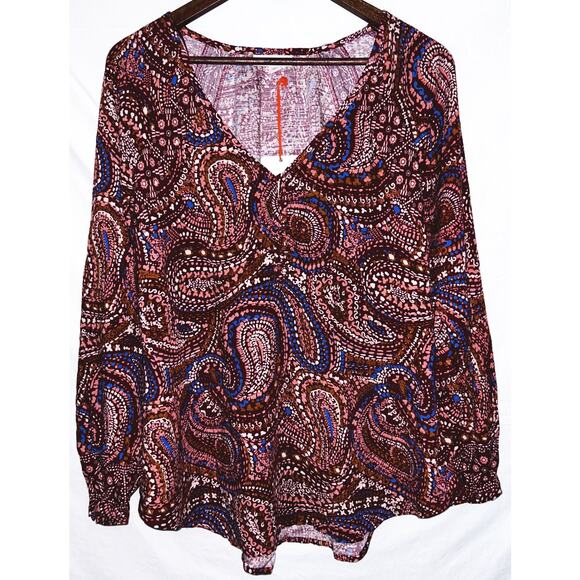 NWT Knox Rose Extra Small XS Burgundy Paisley Long Sleeve V-Neck Tunic/Top - Picture 1 of 6